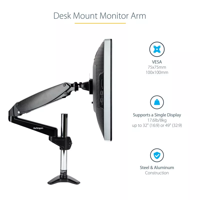 StarTech.com stalinis monitoriaus laikiklis vienam VESA ekranui iki 32 colių arba 49 colių itin plataus formato 8 kg – pilnas judesys, aukščio reguliavimas – C spaustuvas, grommet – vieno monitoriaus ranka