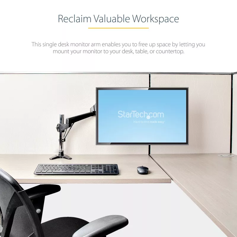 StarTech.com stalinis monitoriaus laikiklis vienam VESA ekranui iki 32 colių arba 49 colių itin plataus formato 8 kg – pilnas judesys, aukščio reguliavimas – C spaustuvas, grommet – vieno monitoriaus ranka