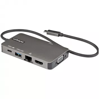 StarTech.com USB-C kelių prievadų adapteris - USB-C į 4K 30Hz HDMI arba 1080p VGA - USB Type-C mini dokas su 100W PD perdavimu, 3 prievadų USB 5Gbps šakotuvas, GbE - 30 cm pritvirtintas kabelis
