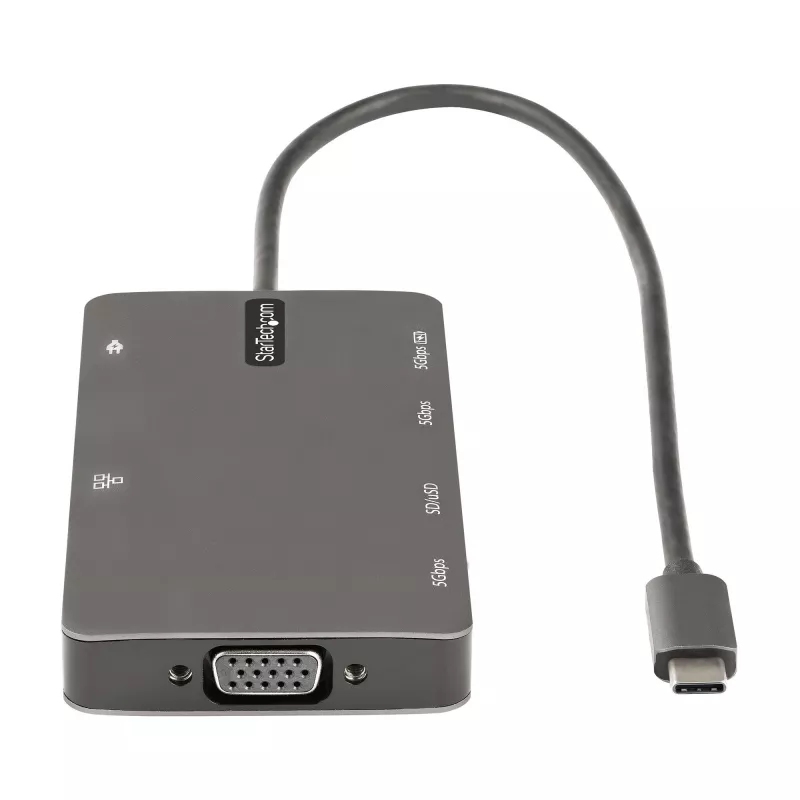 StarTech.com USB-C kelių prievadų adapteris - HDMI 4K 30Hz arba VGA kelioninis dokas - 5Gbps USB 3.0 šakotuvas (USB A / USB C prievadai) - 100W Power Delivery - SD/Micro SD - GbE - 30cm kabelis - USB C mini dokas