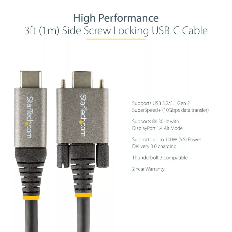 StarTech.com 50 cm šoninis varžtinis fiksavimo USB-C laidas 10Gbps - USB 3.1/3.2 Gen 2 Type-C - 100W (5A) Power Delivery įkrovimas, DP Alt režimas - dvigubas varžtinis fiksavimas