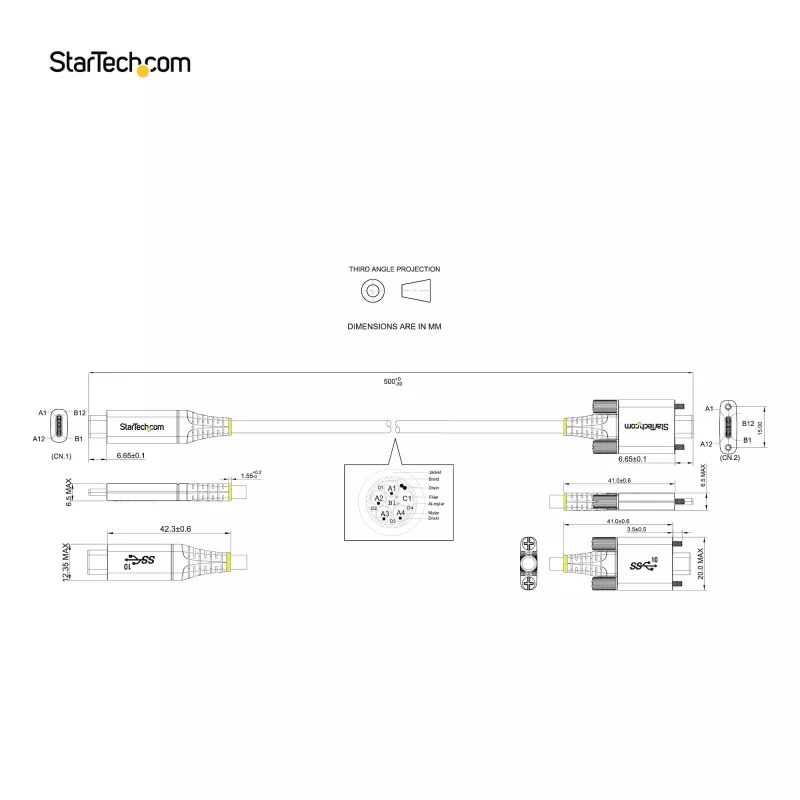 StarTech.com 50 cm šoninis varžtinis fiksavimo USB-C laidas 10Gbps - USB 3.1/3.2 Gen 2 Type-C - 100W (5A) Power Delivery įkrovimas, DP Alt režimas - dvigubas varžtinis fiksavimas