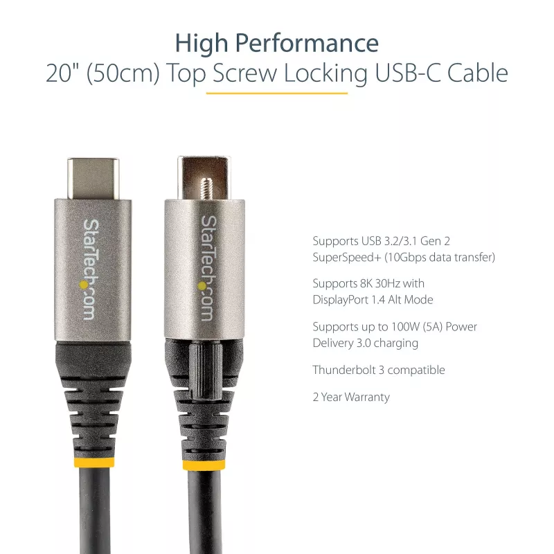 StarTech.com 20 colių (50 cm) viršutinis varžtinis fiksavimo USB C laidas 10 Gbps – USB 3.1/3.2 Gen 2 Type-C laidas – 100 W (5 A) galios tiekimas, DP Alt režimas – vienas fiksavimo varžtas, USB-C įkrovimo/sinchronizavimo laidas