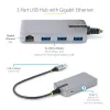 StarTech.com 3 prievadų USB šakotuvas su Ethernet - 3x USB-A prievadai - Gigabit Ethernet (RJ-45) - USB 3.0 5Gbps - maitinamas iš magistralės - 30 cm laidas - nešiojamas USB šakotuvas nešiojamam kompiuteriui su GbE