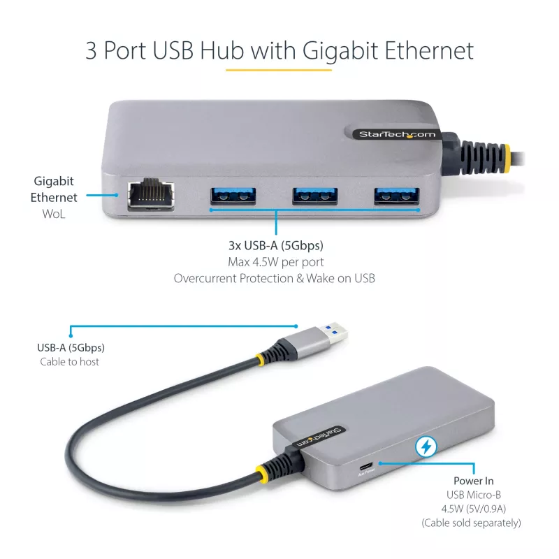 StarTech.com 3 prievadų USB šakotuvas su Ethernet - 3x USB-A prievadai - Gigabit Ethernet (RJ-45) - USB 3.0 5Gbps - maitinamas iš magistralės - 30 cm laidas - nešiojamas USB šakotuvas nešiojamam kompiuteriui su GbE