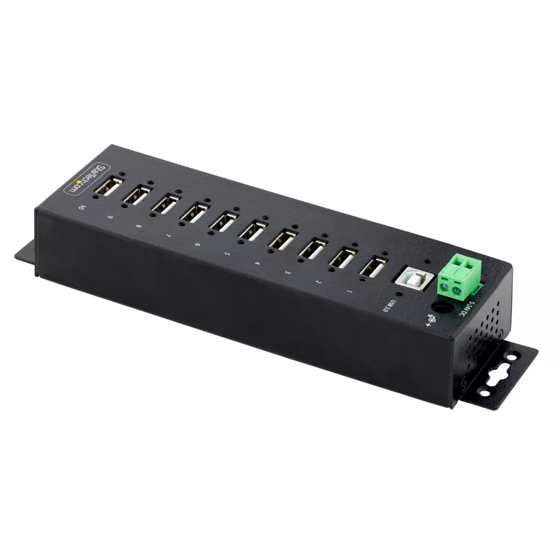 StarTech.com 10 prievadų pramoninis USB 2.0 centras, tvirtas USB mazgas su ESD 4 lygio apsauga, DIN/sienos/stalo montavimo USB-A mazgas, USB prievadų plėtiklis su užrakinamais prievadais