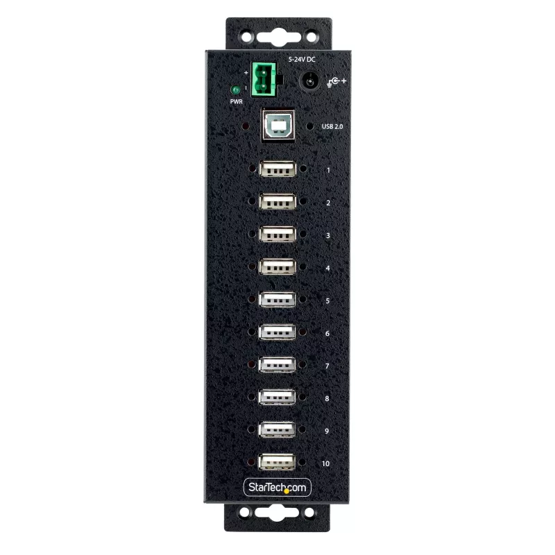 StarTech.com 10 prievadų pramoninis USB 2.0 centras, tvirtas USB mazgas su ESD 4 lygio apsauga, DIN/sienos/stalo montavimo USB-A mazgas, USB prievadų plėtiklis su užrakinamais prievadais