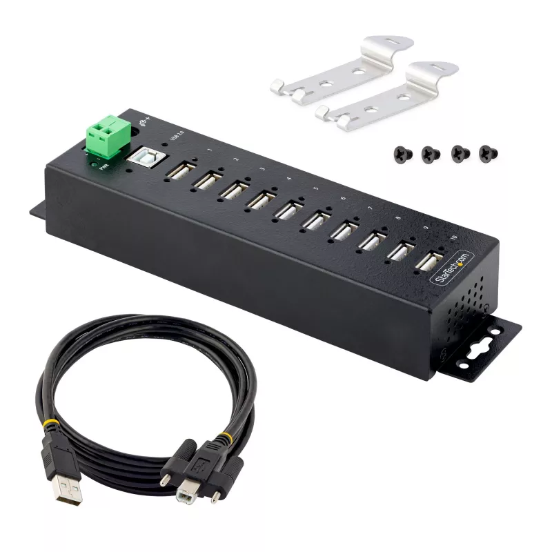 StarTech.com 10 prievadų pramoninis USB 2.0 centras, tvirtas USB mazgas su ESD 4 lygio apsauga, DIN/sienos/stalo montavimo USB-A mazgas, USB prievadų plėtiklis su užrakinamais prievadais