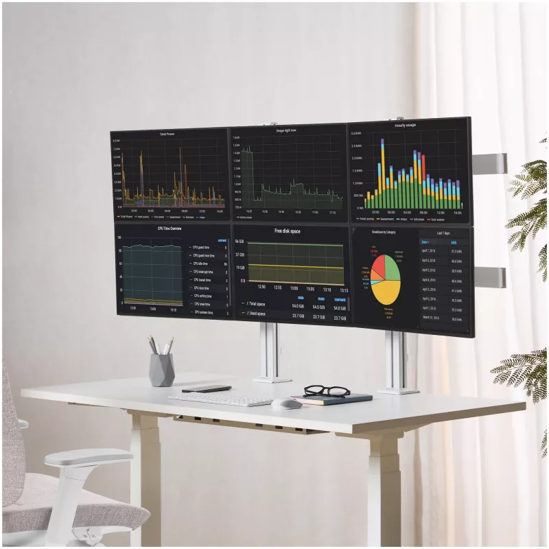 StarTech.com šešių monitorių stalinis laikiklis su skersiniu, iki 32 colių ekranams, iki 8 kg vienam, dviejų kolonų, C spaustuvas/įtvaras, reguliuojamas aukštis
