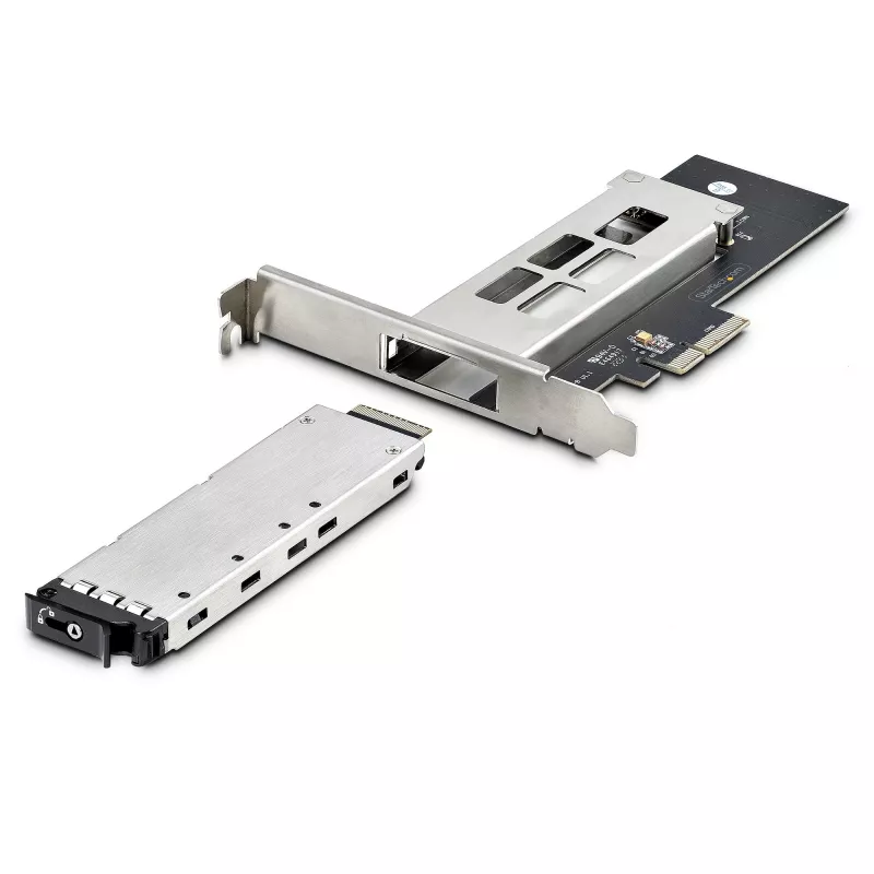 StarTech.com M.2 NVMe SSD į PCIe x4 mobilus krepšelis/backplane su išimamu dėklu PCI Express lizdui, beįrankis montavimas, PCIe 4.0/3.0 karštas keitimas, raktų užraktas - 2 raktai
