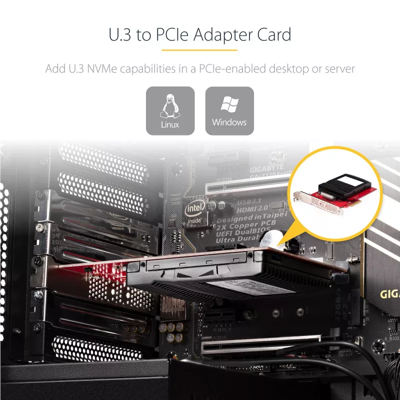 StarTech.com U.3 į PCIe adapterio kortelė, PCIe 4.0 x4 adapteris 2,5 colio U.3 NVMe SSD, SFF-TA-1001 PCI Express papildymo kortelė staliniams kompiuteriams/serveriams, TAA atitinkanti – nuo OS nepriklausoma