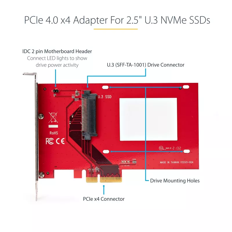 StarTech.com U.3 į PCIe adapterio kortelė, PCIe 4.0 x4 adapteris 2,5 colio U.3 NVMe SSD, SFF-TA-1001 PCI Express papildymo kortelė staliniams kompiuteriams/serveriams, TAA atitinkanti – nuo OS nepriklausoma