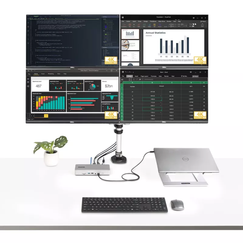 StarTech.com universali USB4 ir Thunderbolt 4 dokų stotis, keturi ekranai Windows, du ekranai MacBook, HDMI DP dokas su 98W nešiojamojo kompiuterio įkrovimu