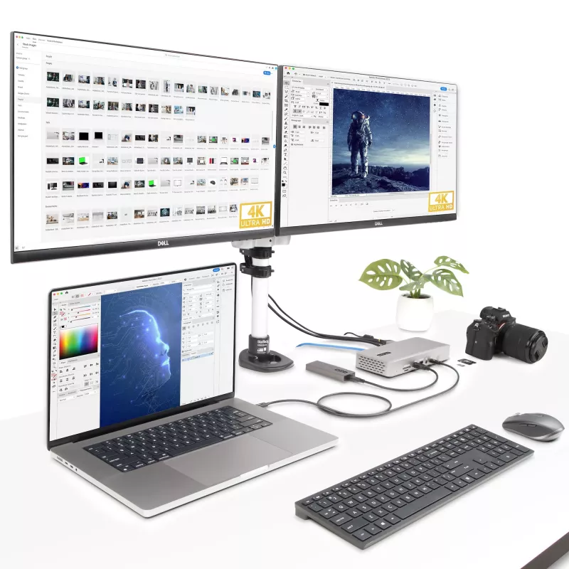 StarTech.com universali USB4 ir Thunderbolt 4 dokų stotis, keturi ekranai Windows, du ekranai MacBook, HDMI DP dokas su 98W nešiojamojo kompiuterio įkrovimu