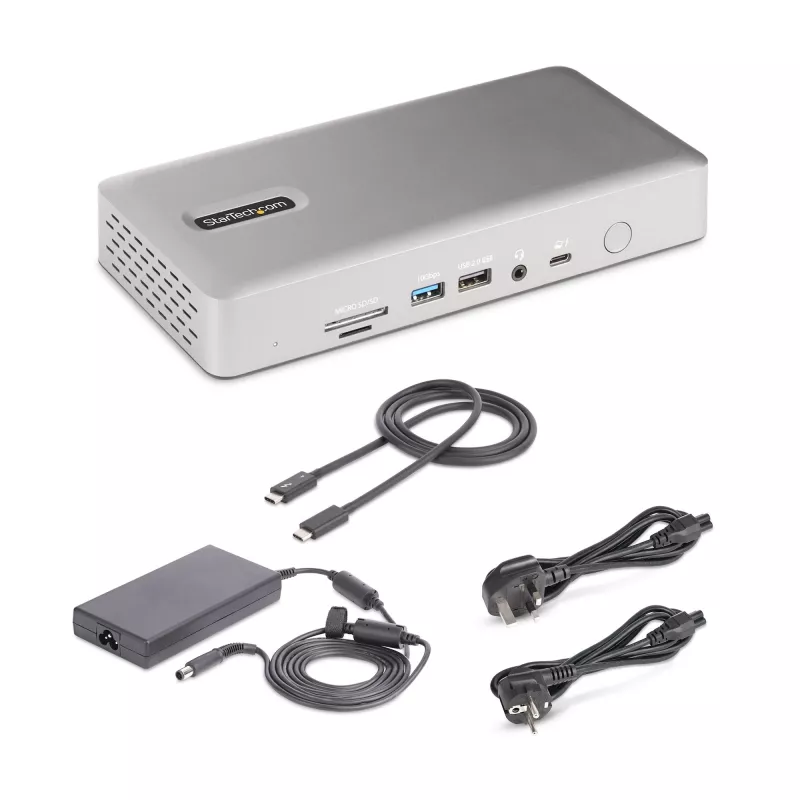 StarTech.com universali USB4 ir Thunderbolt 4 dokų stotis, keturi ekranai Windows, du ekranai MacBook, HDMI DP dokas su 98W nešiojamojo kompiuterio įkrovimu