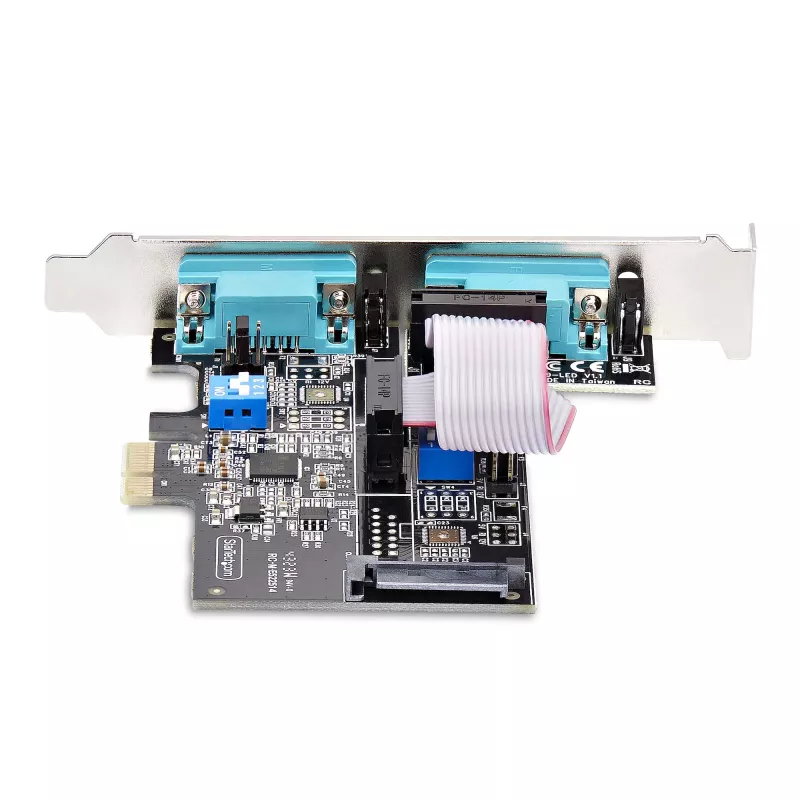 „StarTech.com“ 2 prievadų nuoseklioji PCIe kortelė, dviejų prievadų PCI Express į RS232/RS422/RS485 (DB9), žemo profilio laikikliai, 16C1050 UART, Windows/Linux, TAA atitiktis – 4 lygio ESD apsauga