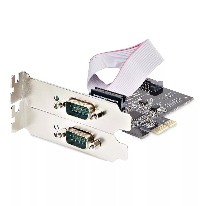„StarTech.com“ 2 prievadų nuoseklioji PCIe kortelė, dviejų prievadų PCI Express į RS232/RS422/RS485 (DB9), žemo profilio laikikliai, 16C1050 UART, Windows/Linux, TAA atitiktis – 4 lygio ESD apsauga