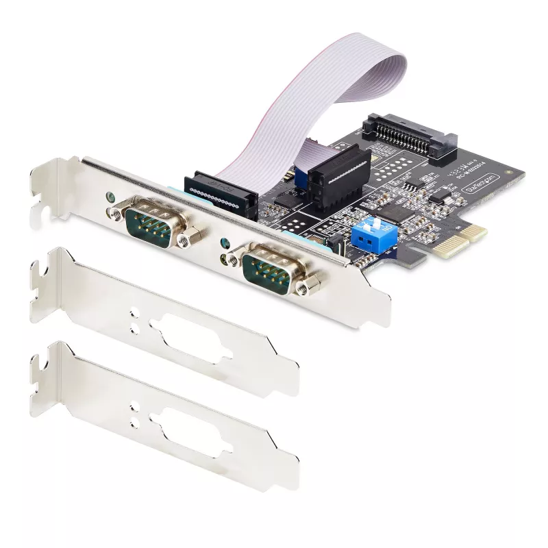 „StarTech.com“ 2 prievadų nuoseklioji PCIe kortelė, dviejų prievadų PCI Express į RS232/RS422/RS485 (DB9), žemo profilio laikikliai, 16C1050 UART, Windows/Linux, TAA atitiktis – 4 lygio ESD apsauga