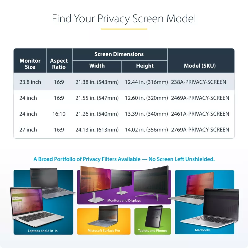 Privatumo ekranas monitoriui StarTech.com 23.8 inch 16:9, kabinamas akrilinis filtras, greitas montavimas, apsauginis skydas, +/-30° žiūrėjimo kampas, blizgus