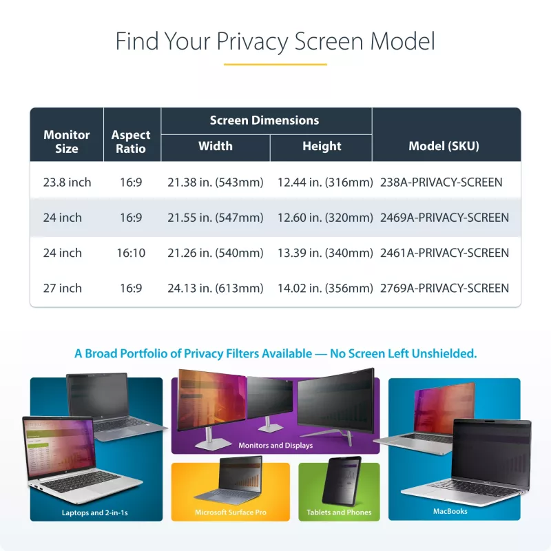 Privatumo ekranas monitoriui StarTech.com 24 colių 16:9, kabinamas akrilinis filtras, greito montavimo apsauginis skydas, +/-30° žiūrėjimo kampas, blizgus