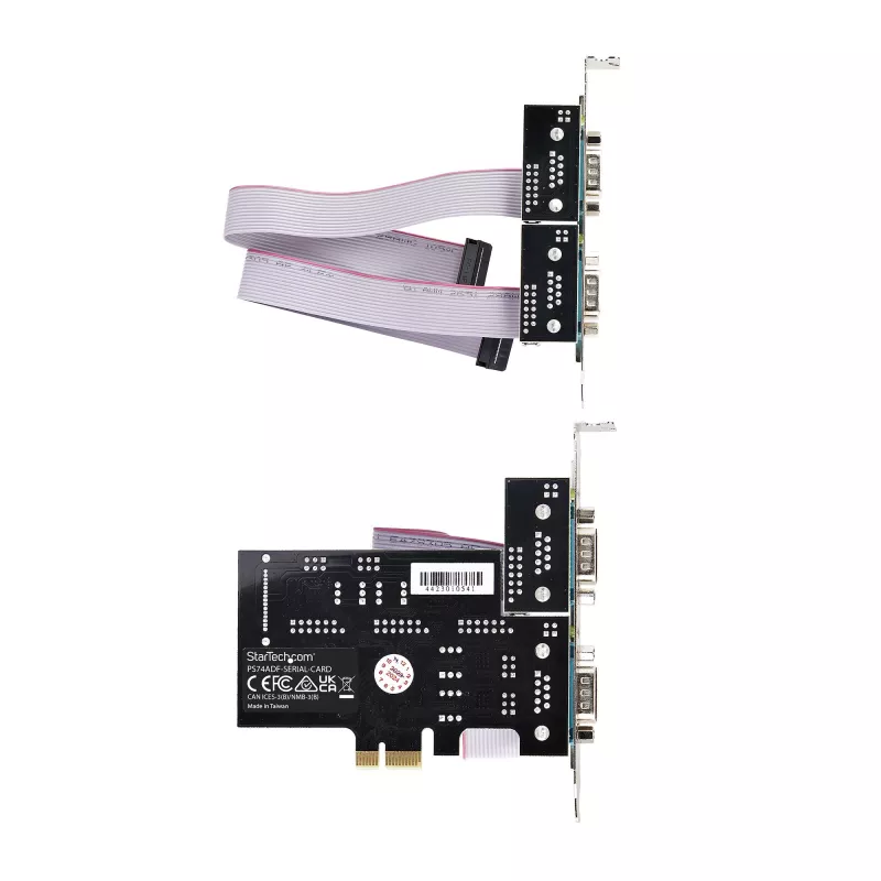StarTech.com 4 prievadų PCIe serijinė kortelė, keturių prievadų PCI Express į RS232/RS422/RS485 (DB9), su mažo profilio laikikliu, 16C1050 UART, Windows/Linux, TAA atitikmuo – 4 lygio ESD apsauga