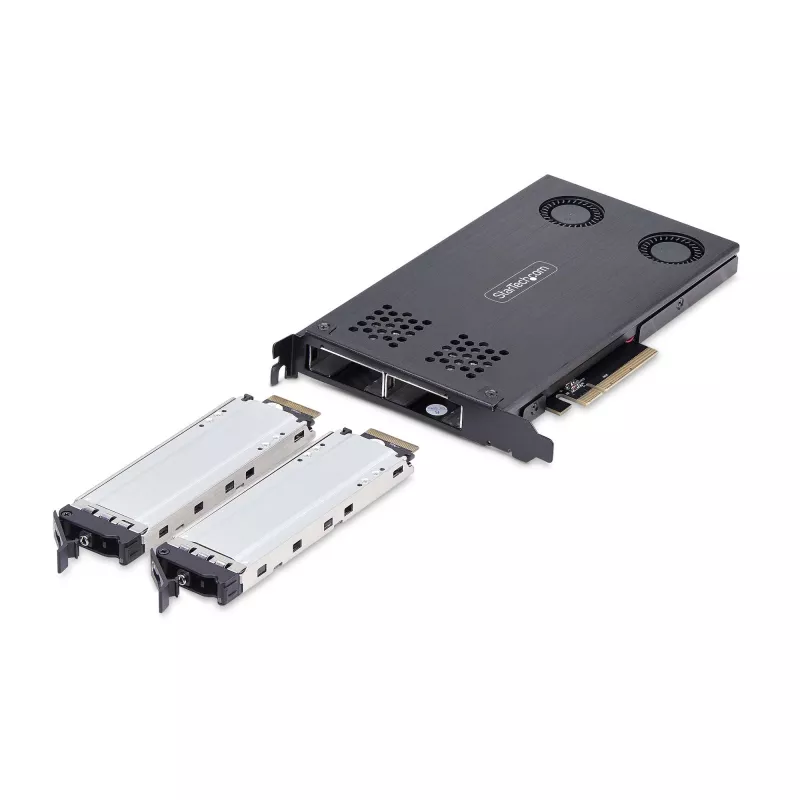StarTech.com Dviejų lizdų M.2 NVMe SSD PCIe x8 išimamas mobilus krepšys; Reikalinga bifurkacija; Įrankiams nereikalingas montavimas, PCIe pagrindinė plokštė su dviem karštojo keitimo lizdais