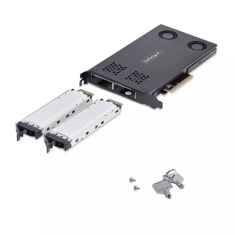 StarTech.com Dviejų lizdų M.2 NVMe SSD PCIe x8 išimamas mobilus krepšys; Reikalinga bifurkacija; Įrankiams nereikalingas montavimas, PCIe pagrindinė plokštė su dviem karštojo keitimo lizdais