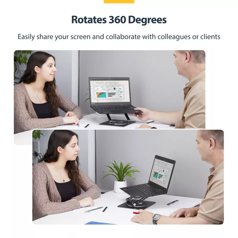 StarTech.com Rotacinis nešiojamojo kompiuterio stovas, 360° sukimas, ergonominis pakėlimas stalviršiui, reguliuojamas pasvirimas, iki 5 kg, aliuminis, nešiojamas dizainas