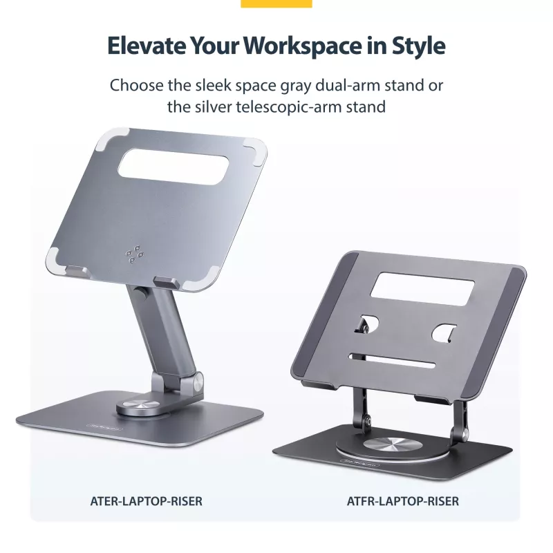 StarTech.com Rotacinis nešiojamojo kompiuterio stovas, 360° sukimas, ergonominis pakėlimas stalviršiui, reguliuojamas pasvirimas, iki 5 kg, aliuminis, nešiojamas dizainas