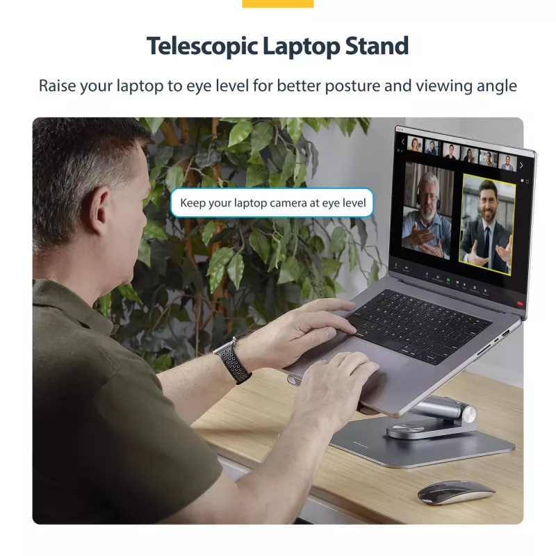 StarTech.com Teleskopinis nešiojamojo kompiuterio stovas, 360° sukamas pagrindas, reguliuojamas aukštis ir pasvirimas, maks. 5 kg, aliuminis, nešiojamas dizainas