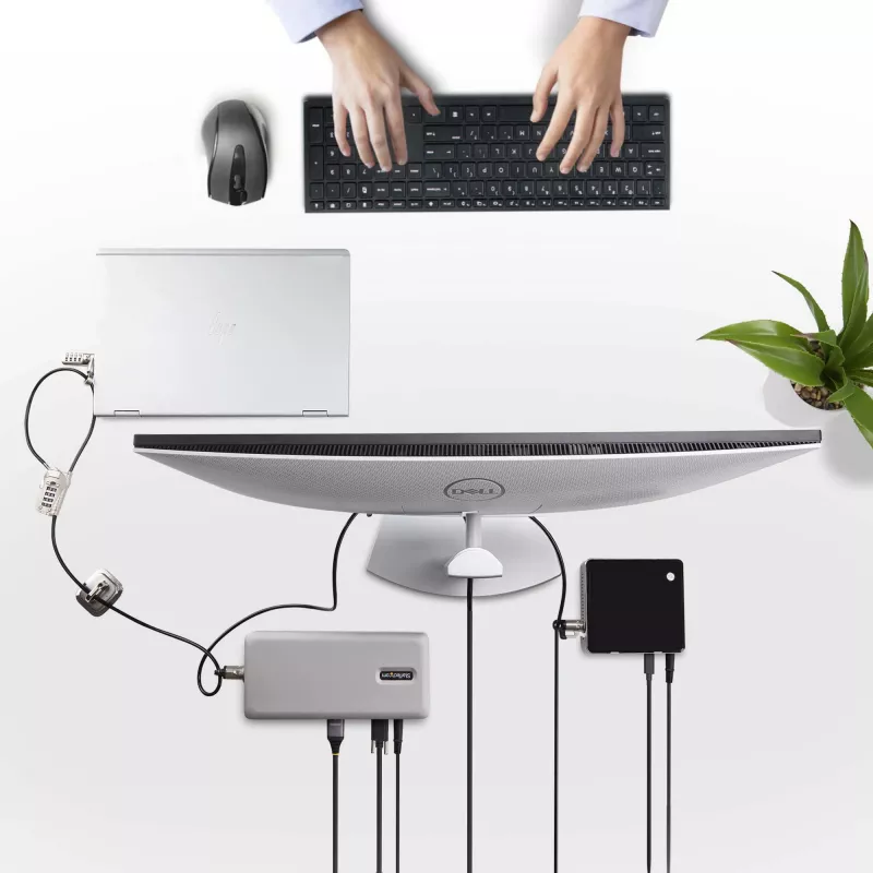 „StarTech.com“ nešiojamojo / stalinio kompiuterio ir periferinių įrenginių užrakto rinkinys, apsauga nuo vagystės, K-slot, 3 m plieninis trosas, 3 įrenginiai, vartotojo nustatomas 4 skaitmenų kodas – TAA