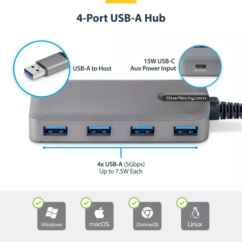 StarTech.com 4 prievadų USB-A šakotuvas, 5Gbps, maitinamas iš magistralės, USB-A į 4x USB-A su USB-C pagalbiniu maitinimo įėjimu, 30 cm pagrindinis kabelis, nešiojamas stalinio / nešiojamojo kompiuterio USB šakotuvas