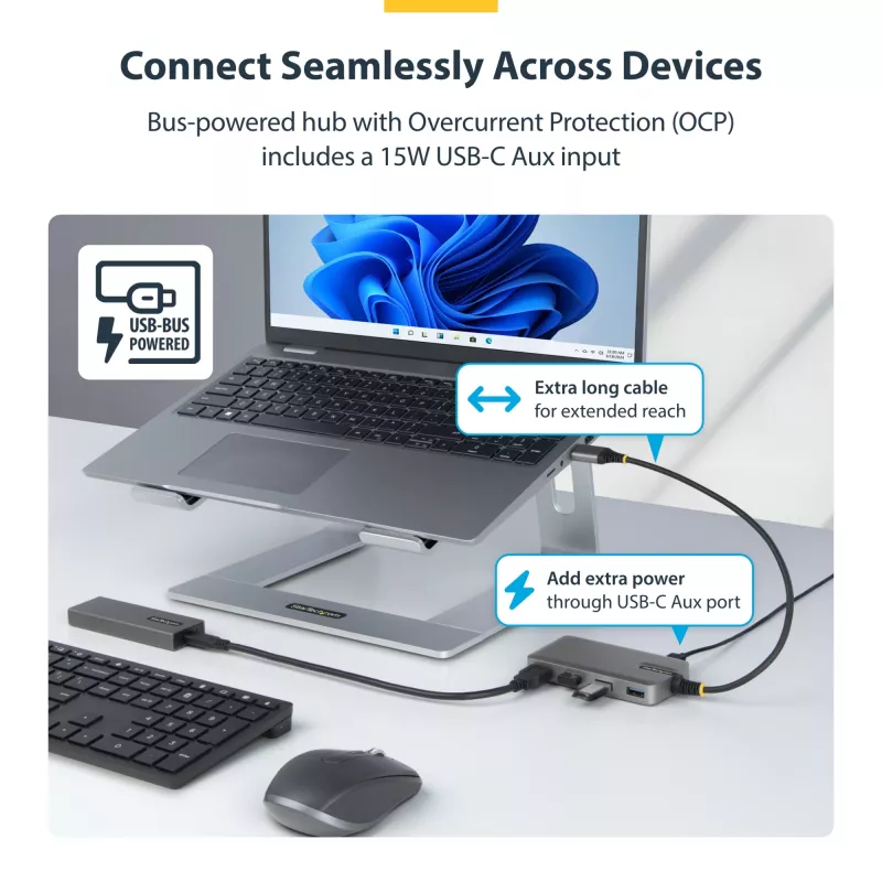 StarTech.com 4 prievadų USB-A šakotuvas, 5Gbps, maitinamas iš magistralės, USB-A į 4x USB-A su USB-C pagalbiniu maitinimo įėjimu, 30 cm pagrindinis kabelis, nešiojamas stalinio / nešiojamojo kompiuterio USB šakotuvas