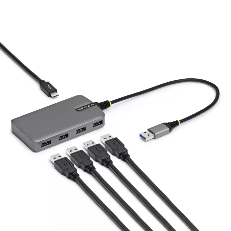 StarTech.com 4 prievadų USB-A šakotuvas, 5Gbps, maitinamas iš magistralės, USB-A į 4x USB-A su USB-C pagalbiniu maitinimo įėjimu, 30 cm pagrindinis kabelis, nešiojamas stalinio / nešiojamojo kompiuterio USB šakotuvas