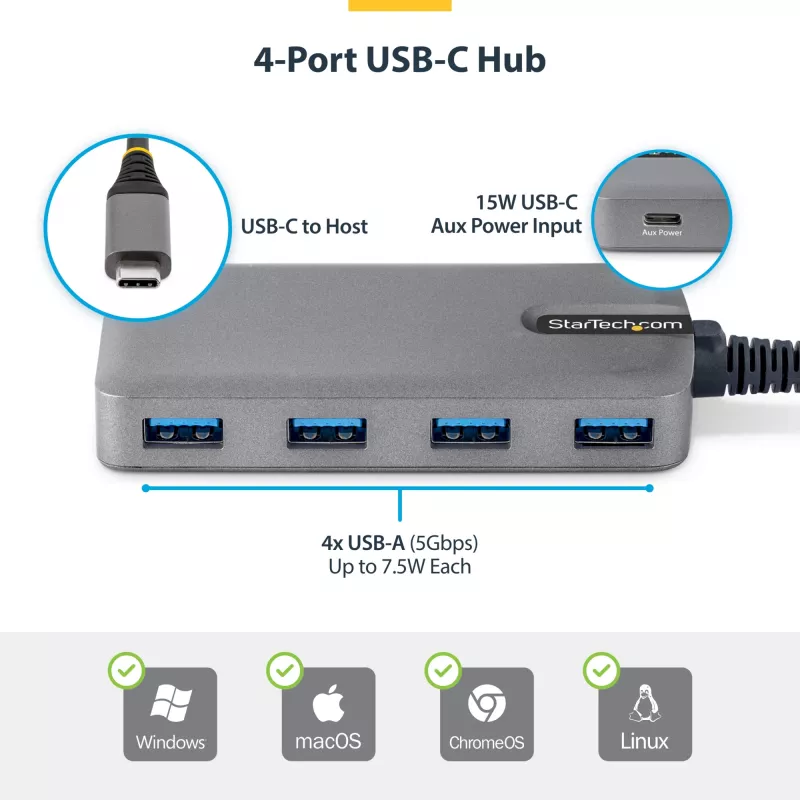 StarTech.com 4 prievadų USB-C šakotuvas, 5 Gbps, maitinamas iš magistralės, USB-C į 4x USB-A su USB-C papildomu maitinimo įėjimu, 30 cm laido, nešiojamas stalinio/nešiojamojo kompiuterio USB šakotuvas
