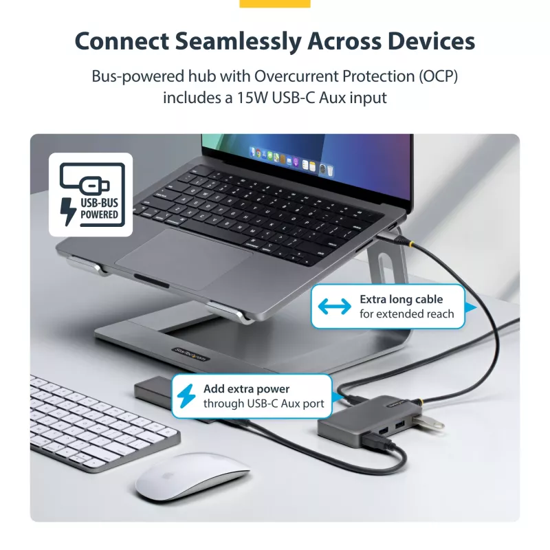 StarTech.com 4 prievadų USB-C šakotuvas, 5 Gbps, maitinamas iš magistralės, USB-C į 4x USB-A su USB-C papildomu maitinimo įėjimu, 30 cm laido, nešiojamas stalinio/nešiojamojo kompiuterio USB šakotuvas