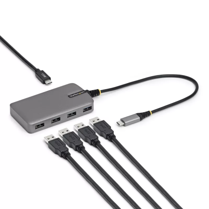 StarTech.com 4 prievadų USB-C šakotuvas, 5 Gbps, maitinamas iš magistralės, USB-C į 4x USB-A su USB-C papildomu maitinimo įėjimu, 30 cm laido, nešiojamas stalinio/nešiojamojo kompiuterio USB šakotuvas