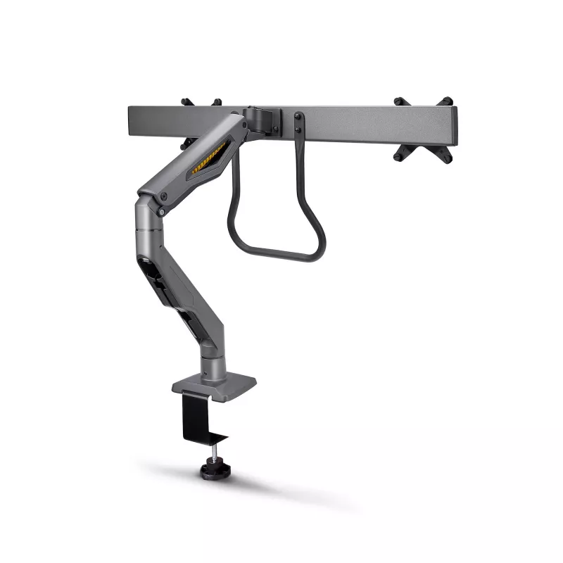 StarTech.com Dvigubo monitoriaus stalinis laikiklis su skersiniu, iki 27 colių ekranams, VESA 75x75/100x100, 15 kg, C formos spaustuvas, pilnai artikuliuojamas, mechaninė spyruoklė, TAA