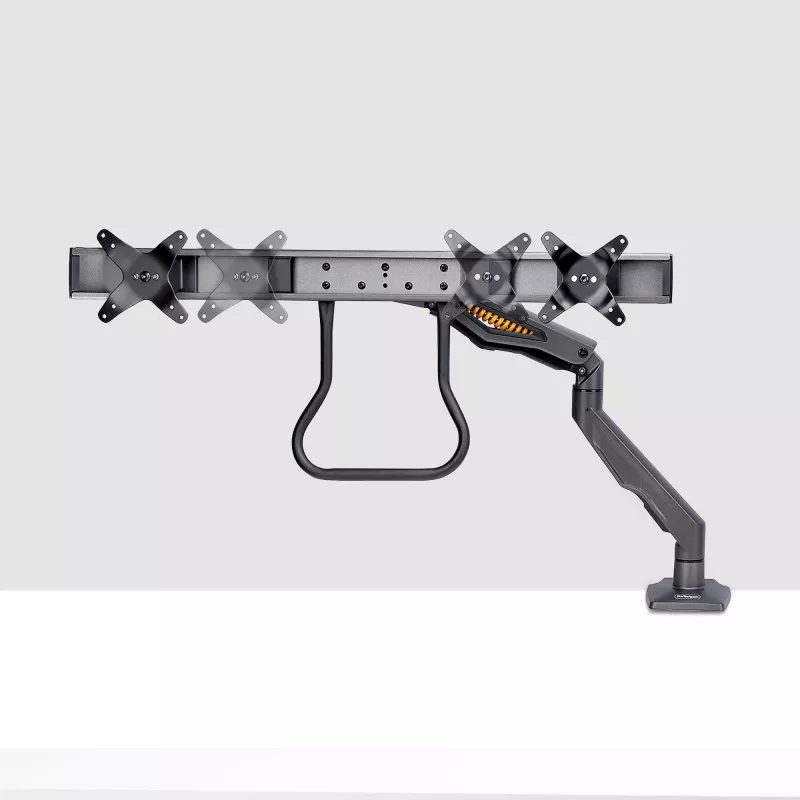 StarTech.com Dvigubo monitoriaus stalinis laikiklis su skersiniu, iki 27 colių ekranams, VESA 75x75/100x100, 15 kg, C formos spaustuvas, pilnai artikuliuojamas, mechaninė spyruoklė, TAA