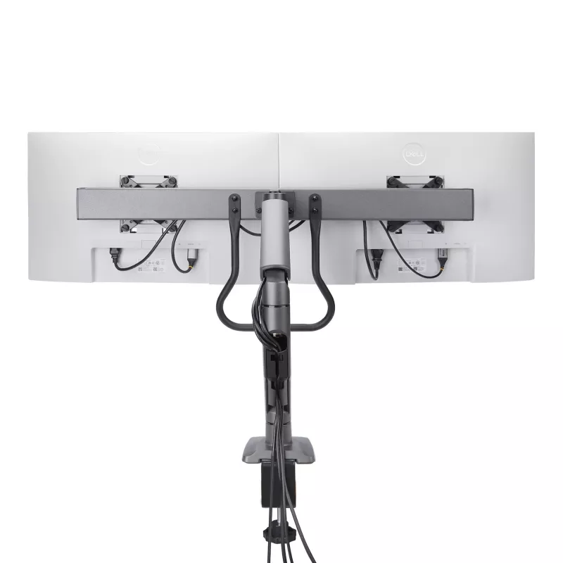 StarTech.com Dvigubo monitoriaus stalinis laikiklis su skersiniu, iki 27 colių ekranams, VESA 75x75/100x100, 15 kg, C formos spaustuvas, pilnai artikuliuojamas, mechaninė spyruoklė, TAA