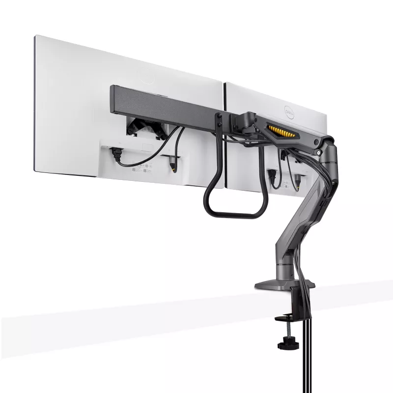 StarTech.com Dvigubo monitoriaus stalinis laikiklis su skersiniu, iki 27 colių ekranams, VESA 75x75/100x100, 15 kg, C formos spaustuvas, pilnai artikuliuojamas, mechaninė spyruoklė, TAA