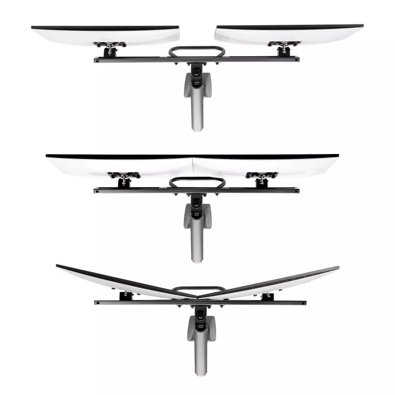 StarTech.com Dvigubo monitoriaus stalinis laikiklis su skersiniu, iki 27 colių ekranams, VESA 75x75/100x100, 15 kg, C formos spaustuvas, pilnai artikuliuojamas, mechaninė spyruoklė, TAA