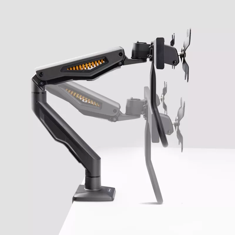 StarTech.com Dvigubo monitoriaus stalinis laikiklis su skersiniu, iki 27 colių ekranams, VESA 75x75/100x100, 15 kg, C formos spaustuvas, pilnai artikuliuojamas, mechaninė spyruoklė, TAA
