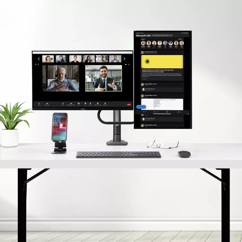 StarTech.com Dvigubo monitoriaus stalinis laikiklis su skersiniu, iki 27 colių ekranams, VESA 75x75/100x100, 15 kg, C formos spaustuvas, pilnai artikuliuojamas, mechaninė spyruoklė, TAA