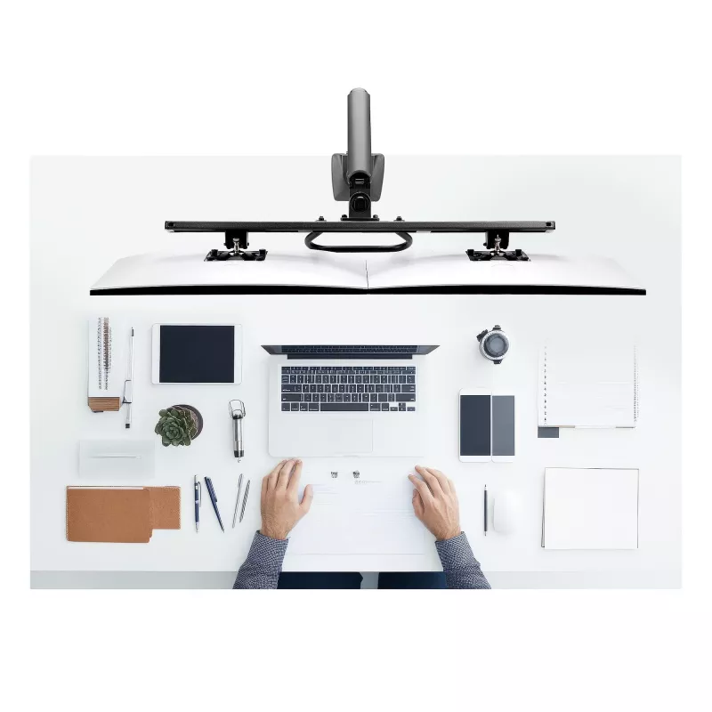 StarTech.com Dvigubo monitoriaus stalinis laikiklis su skersiniu, iki 27 colių ekranams, VESA 75x75/100x100, 15 kg, C formos spaustuvas, pilnai artikuliuojamas, mechaninė spyruoklė, TAA