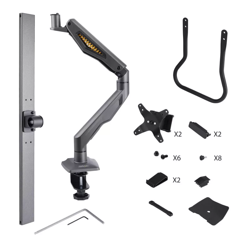 StarTech.com Dvigubo monitoriaus stalinis laikiklis su skersiniu, iki 27 colių ekranams, VESA 75x75/100x100, 15 kg, C formos spaustuvas, pilnai artikuliuojamas, mechaninė spyruoklė, TAA