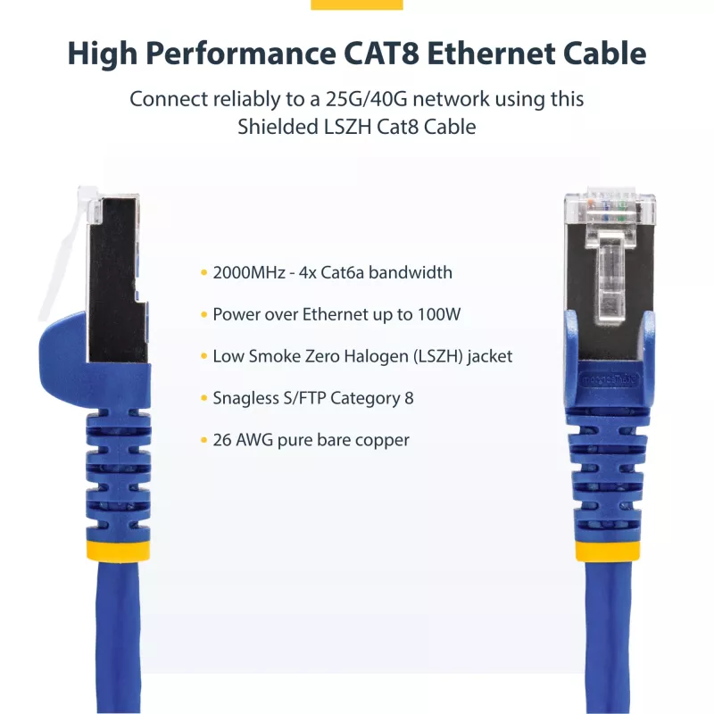 StarTech.com 3 m mėlynas CAT8 Ethernet kabelis, snagless RJ45, 25G/40G, 2000MHz, 100W PoE++, S/FTP, 26AWG gryna varinė viela, LSZH, ekranuotas tinklo laidinys su įtempimo mažinimo elementais, individualiai išbandytas