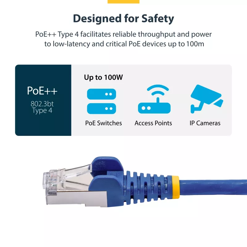 StarTech.com 3 m mėlynas CAT8 Ethernet kabelis, snagless RJ45, 25G/40G, 2000MHz, 100W PoE++, S/FTP, 26AWG gryna varinė viela, LSZH, ekranuotas tinklo laidinys su įtempimo mažinimo elementais, individualiai išbandytas