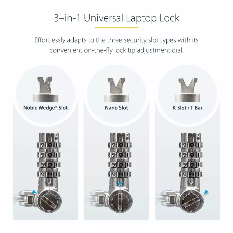 „StarTech.com“ 25 vnt. universalus nešiojamojo kompiuterio fiksatorius 6,6 pėd. (2 m), su pagrindiniu raktu, apsauginis kabelis, suderinamas su „Noble Wedge®“ / „Nano“ / K lizdu; apsauga nuo vagystės, pjovimui atsparus kabelis