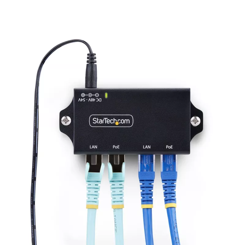StarTech.com 2 prievadų Gigabit Midspan PoE+ įpurškiklis, 10/100/1000Mbps, PoE+ (802.3af/at), 30W, 1Gbps Ethernet, montuojamas ant sienos, nevaldomas maitinimas per Ethernet